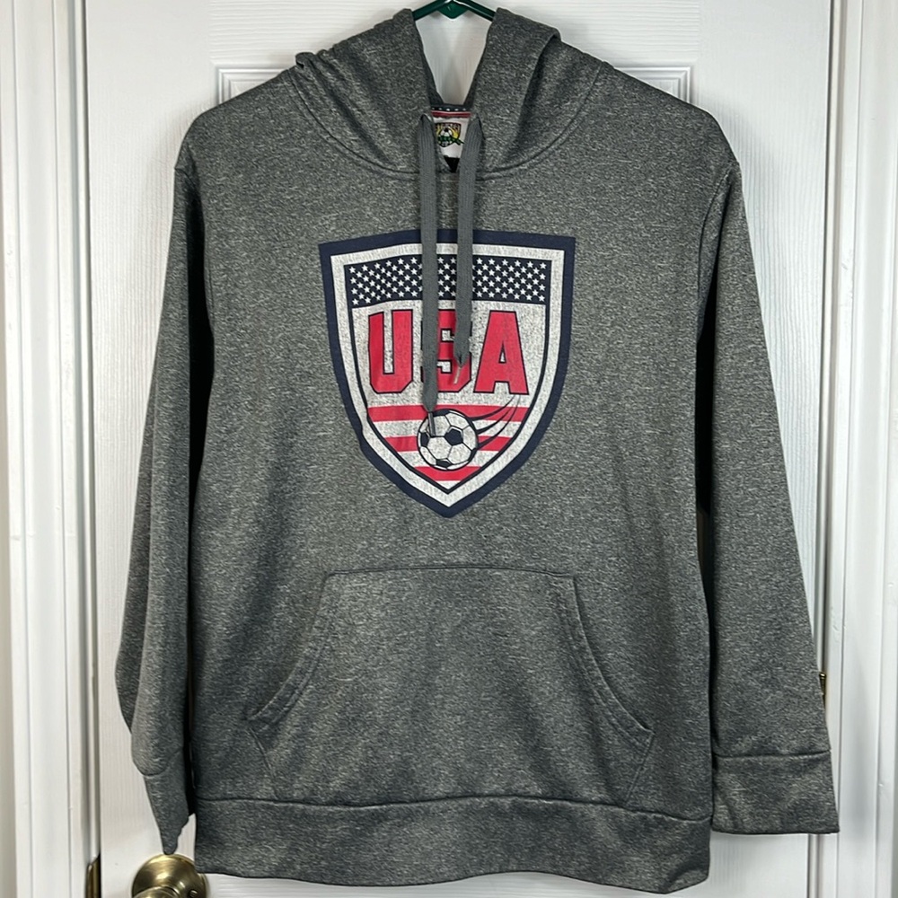 Striker Soccer Heather grey pullover sweatshirt S/P. Long sleeves, hooded, picky